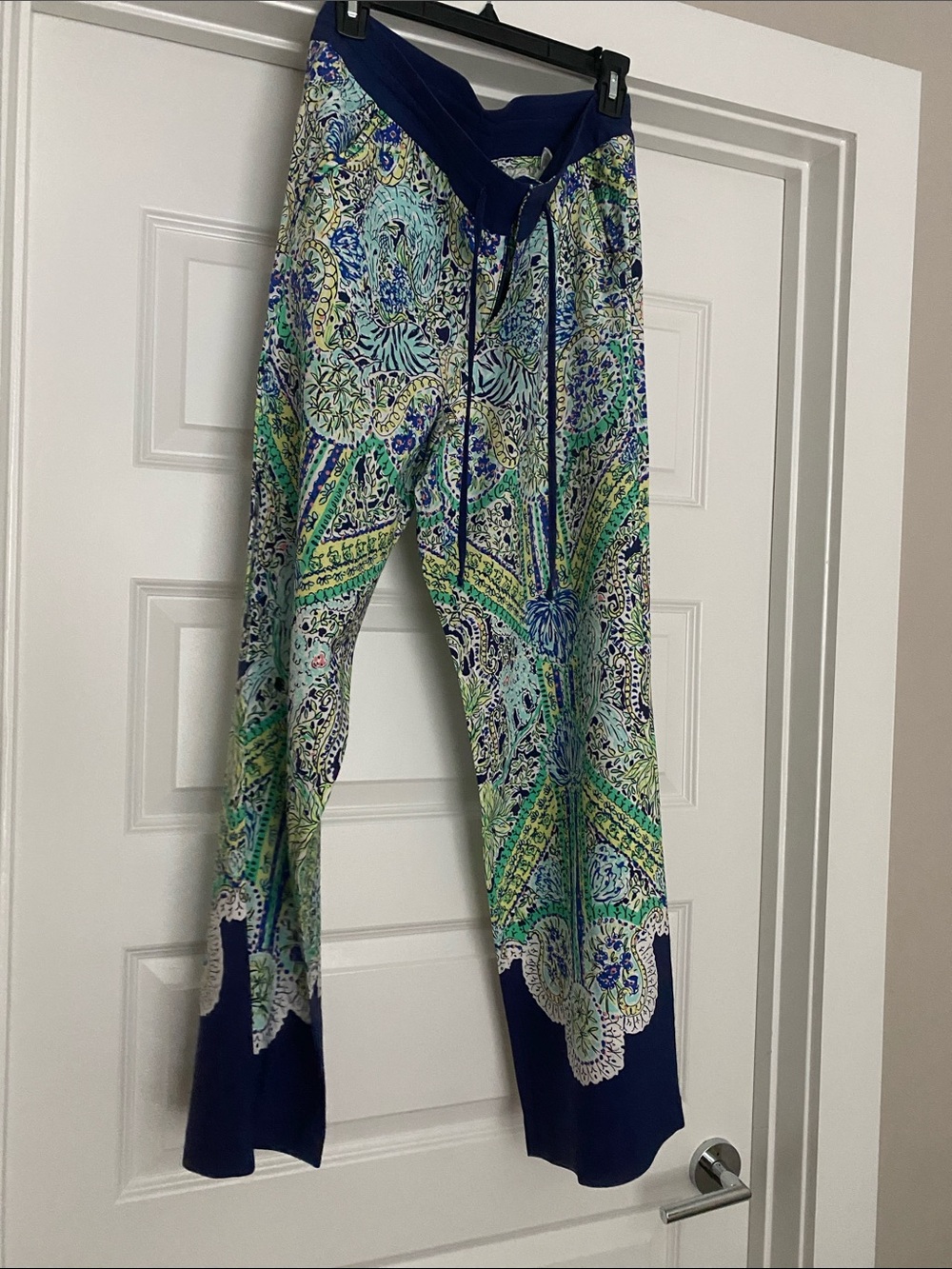 Lilly Pulitzer Blue & Green Paisley Drawstring Wide-Leg Pants